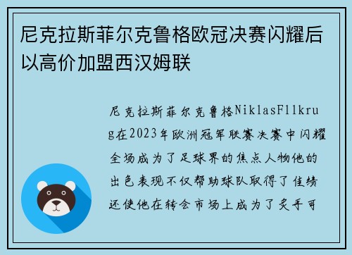 尼克拉斯菲尔克鲁格欧冠决赛闪耀后以高价加盟西汉姆联